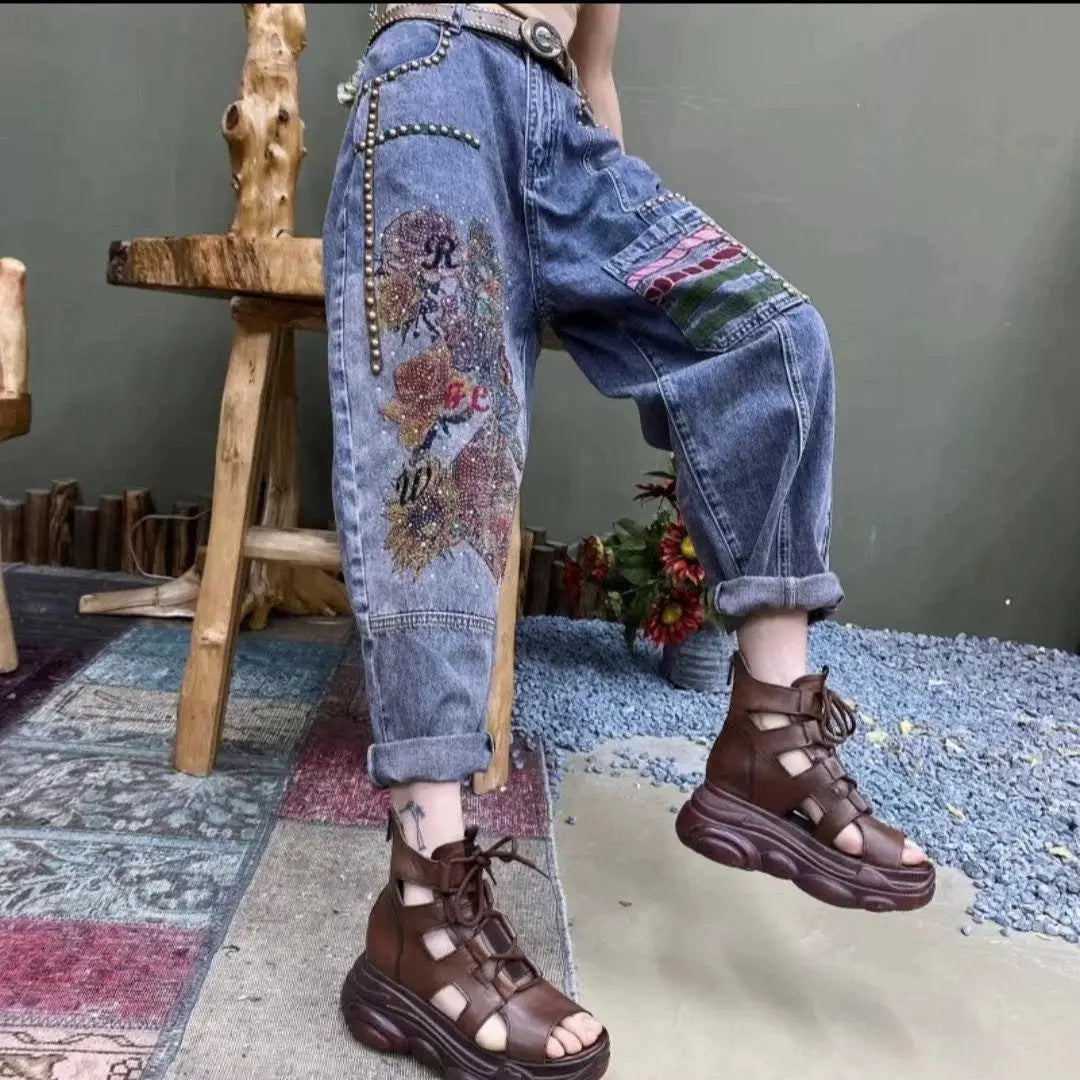 Denim Harem Pants Embroidery Diamond Design Wide Leg Jeans