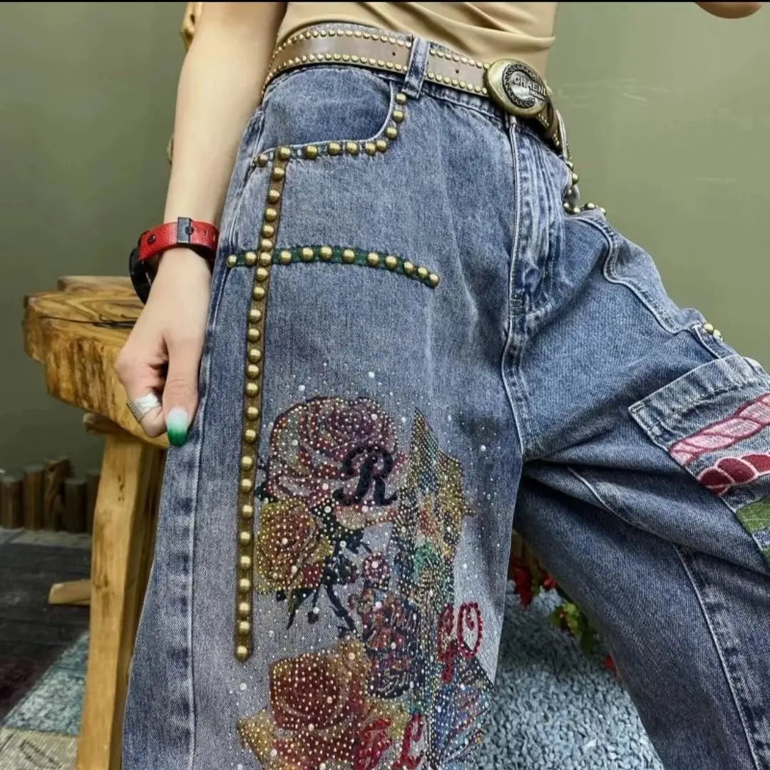 Denim Harem Pants Embroidery Diamond Design Wide Leg Jeans