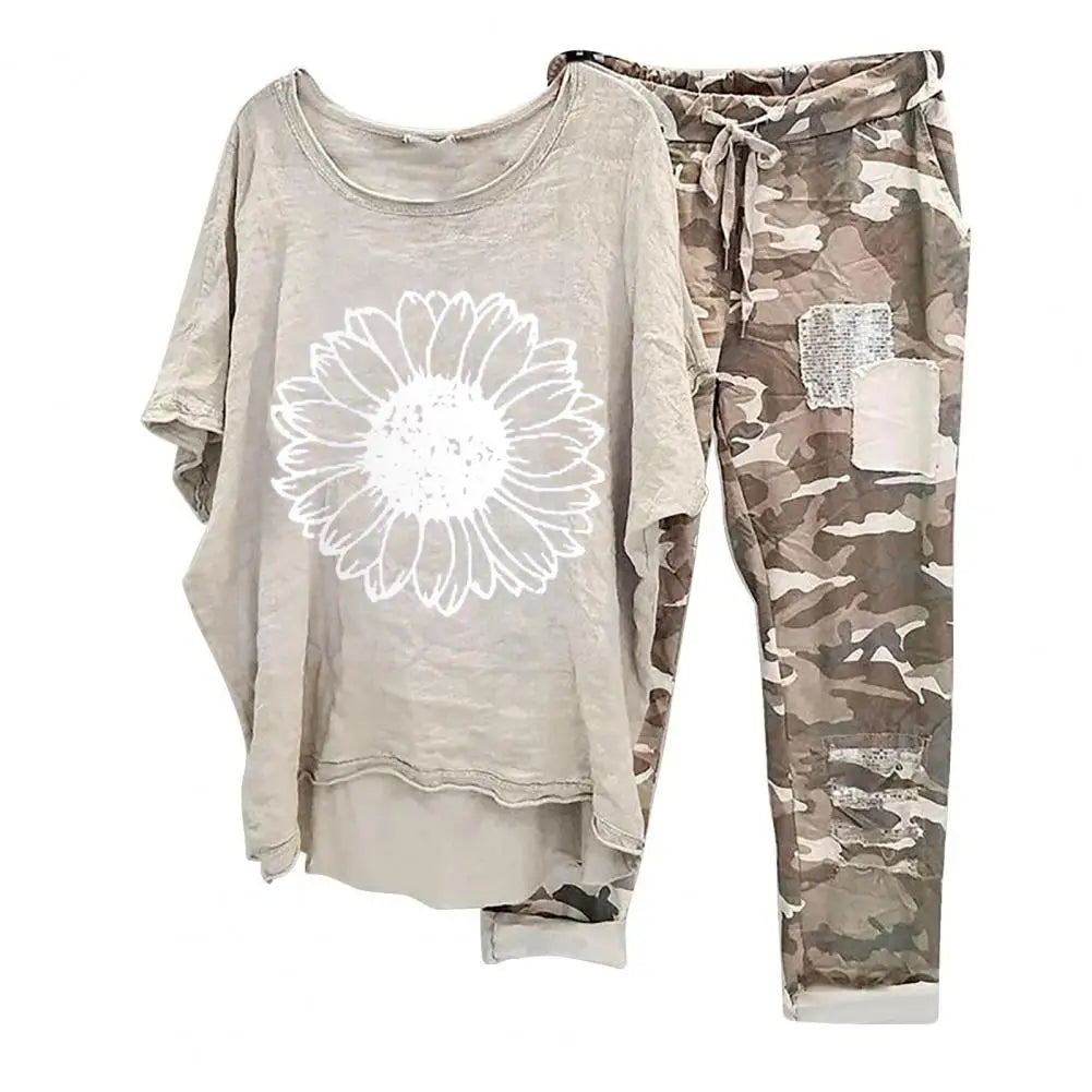 Trendy Women T-shirt Pants Set Half Sleeves Two Piece Suit Plus Size Elastic Waist