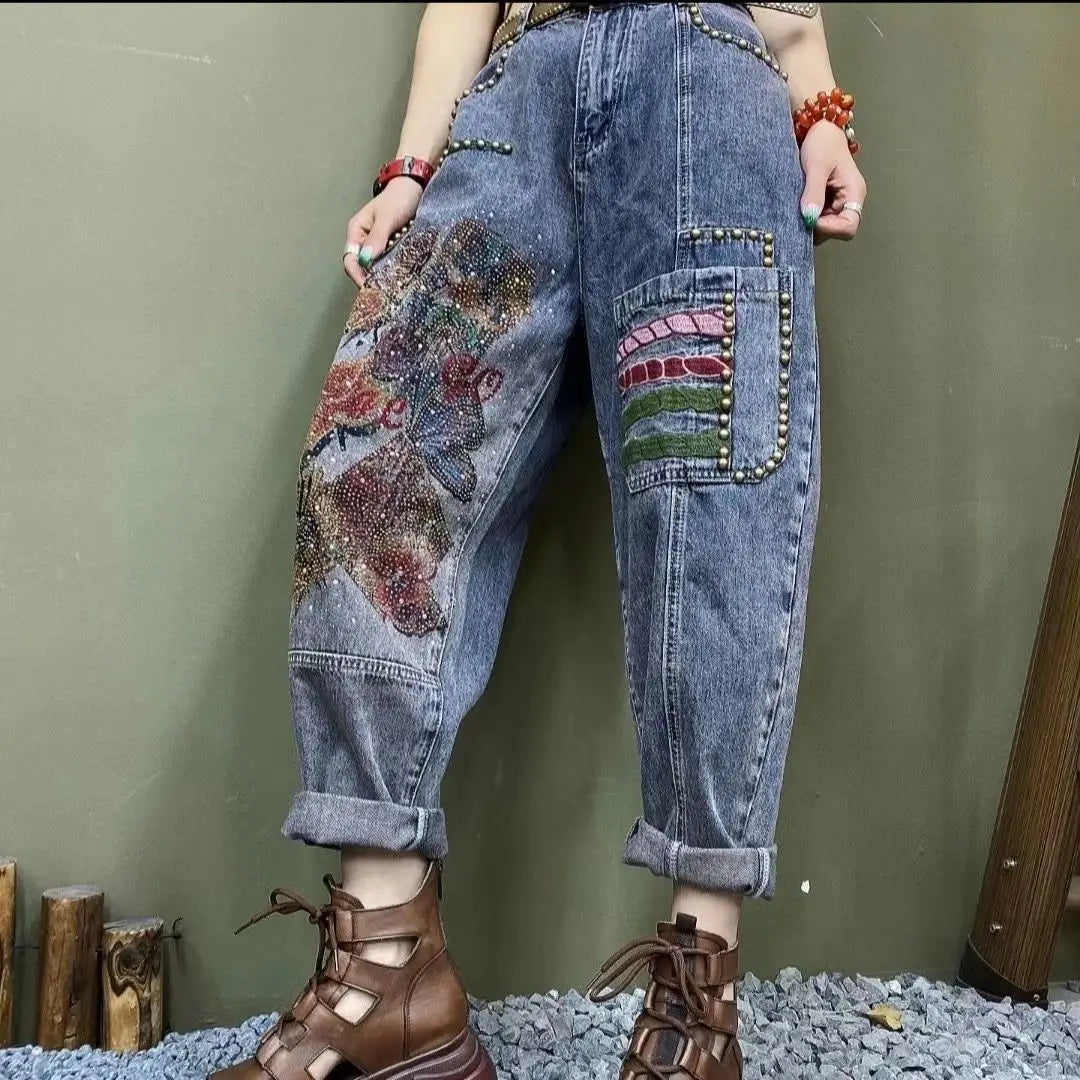 Denim Harem Pants Embroidery Diamond Design Wide Leg Jeans