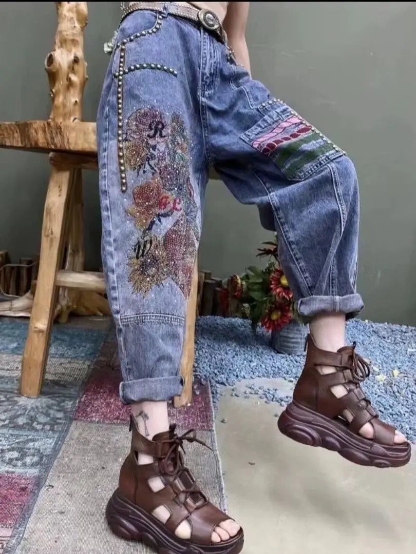 Denim Harem Pants Embroidery Diamond Design Wide Leg Jeans