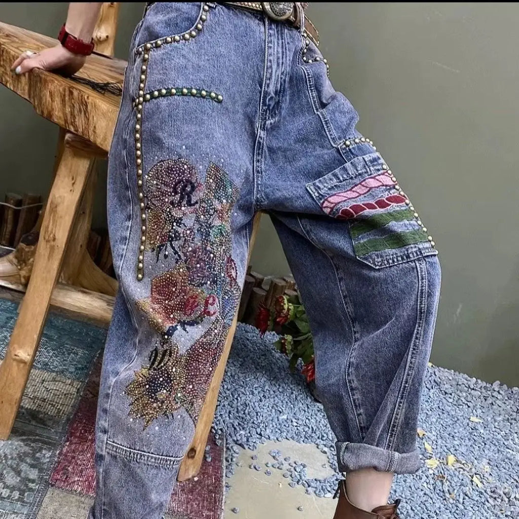 Denim Harem Pants Embroidery Diamond Design Wide Leg Jeans