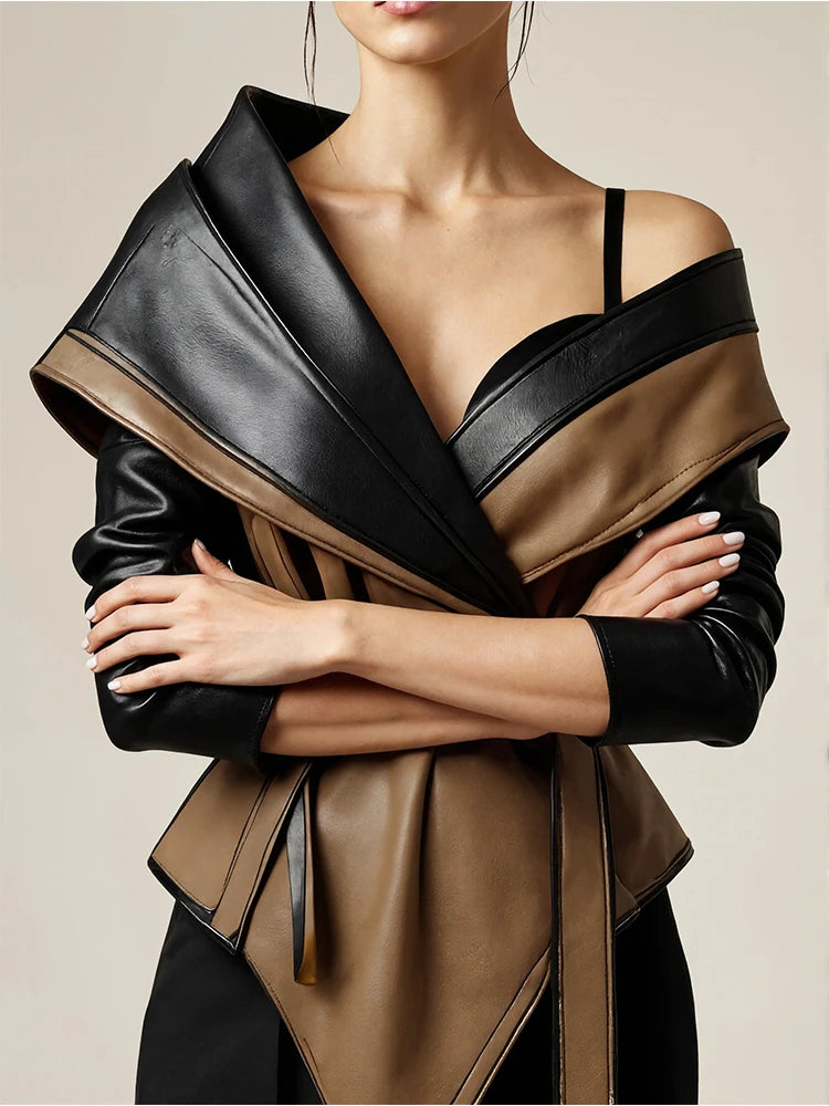 2026 Leather Jacket for Women's One Shoulder Splice Irregular Hem Long Sleeve Leather Coat Casual Vintage