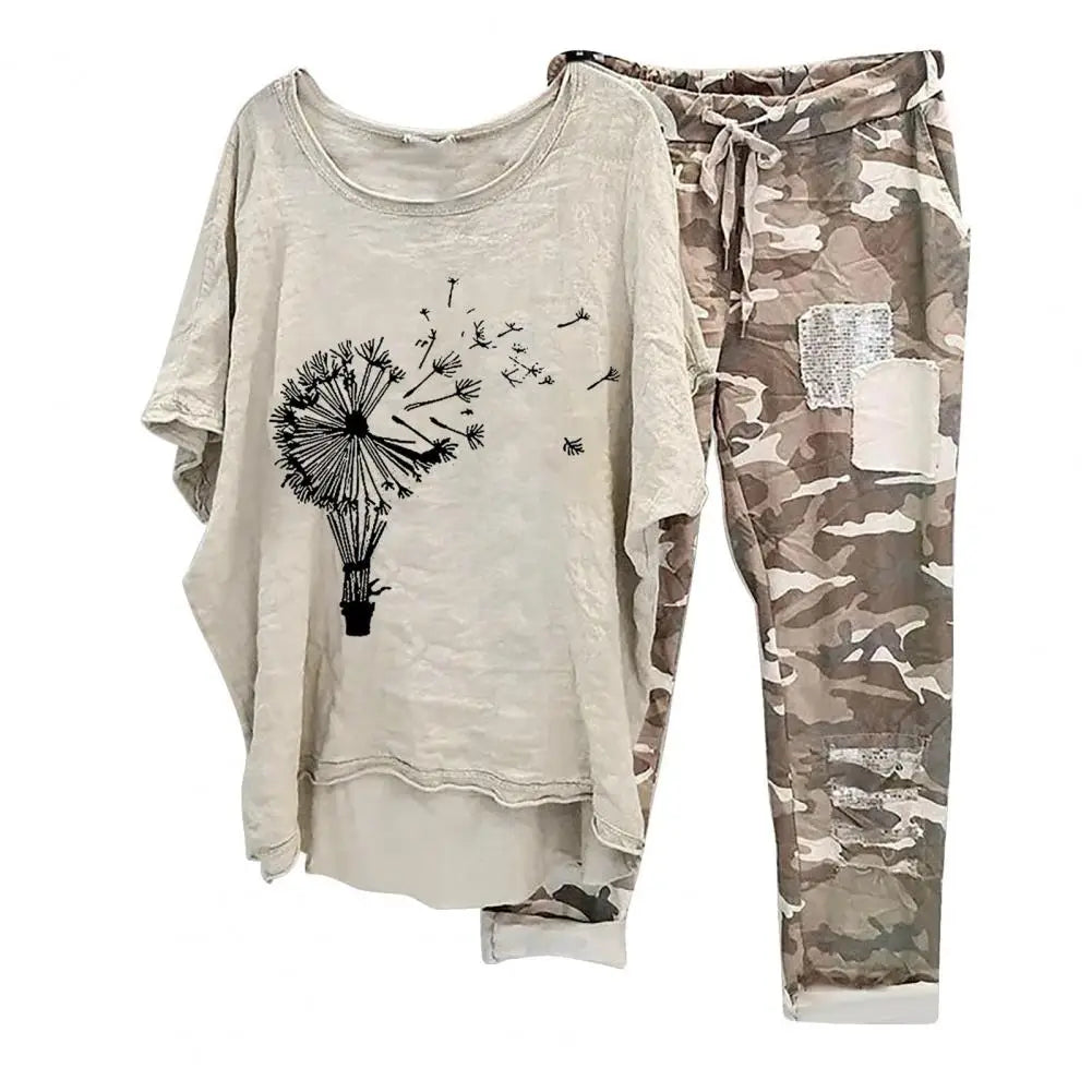 Trendy Women T-shirt Pants Set Half Sleeves Two Piece Suit Plus Size Elastic Waist