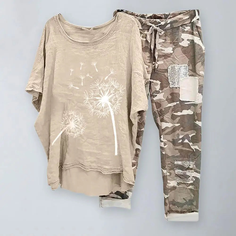 Trendy Women T-shirt Pants Set Half Sleeves Two Piece Suit Plus Size Elastic Waist