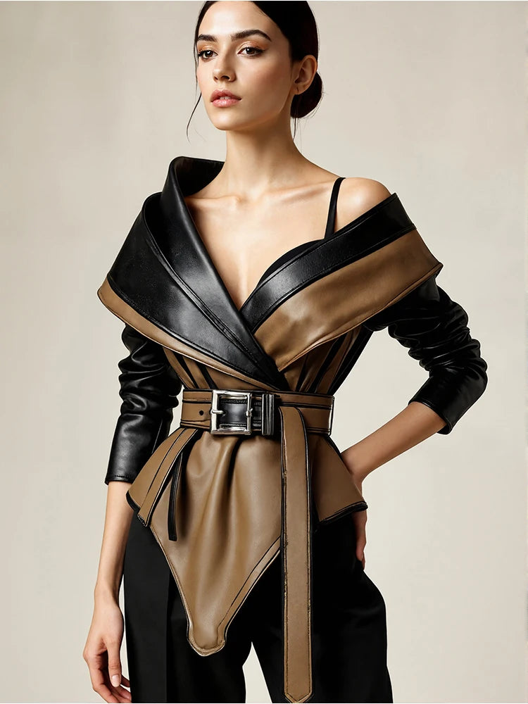 2026 Leather Jacket for Women's One Shoulder Splice Irregular Hem Long Sleeve Leather Coat Casual Vintage
